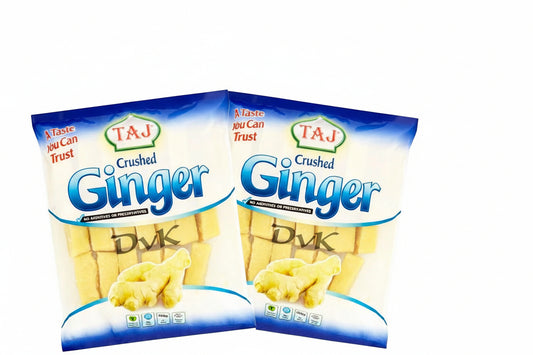 Two packages of Taj Crushed Ginger on a white background