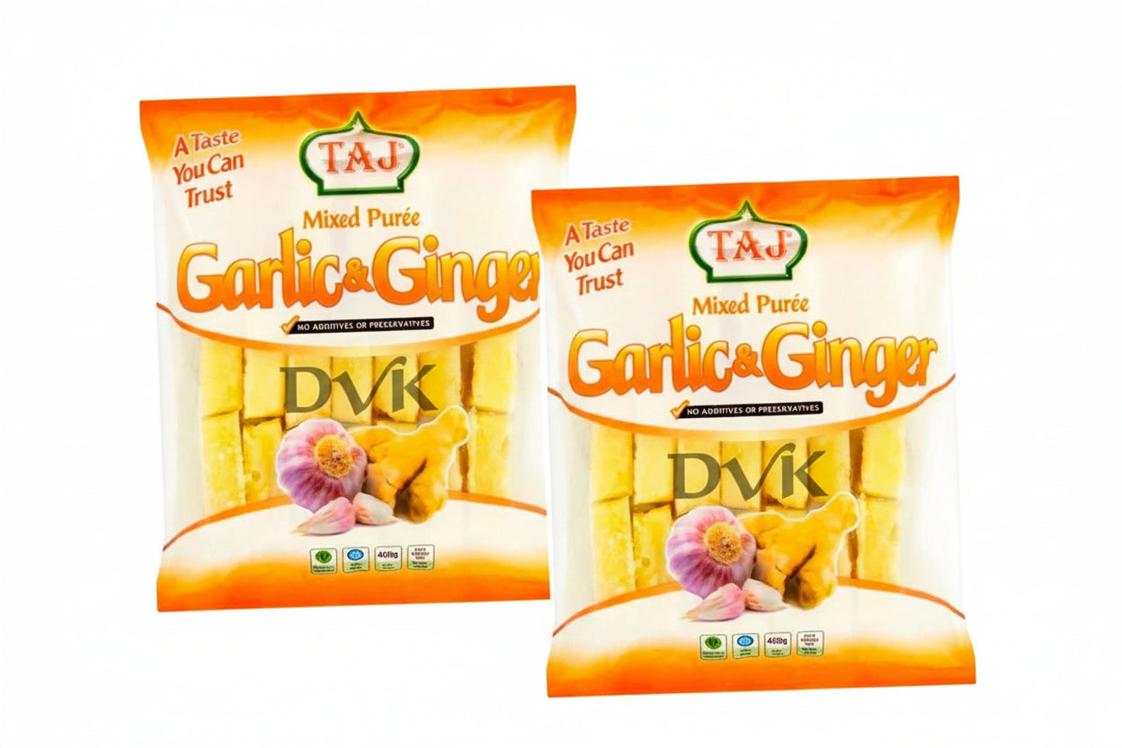 Two packages of Taj Garlic & Ginger Mixed Puree on a white background