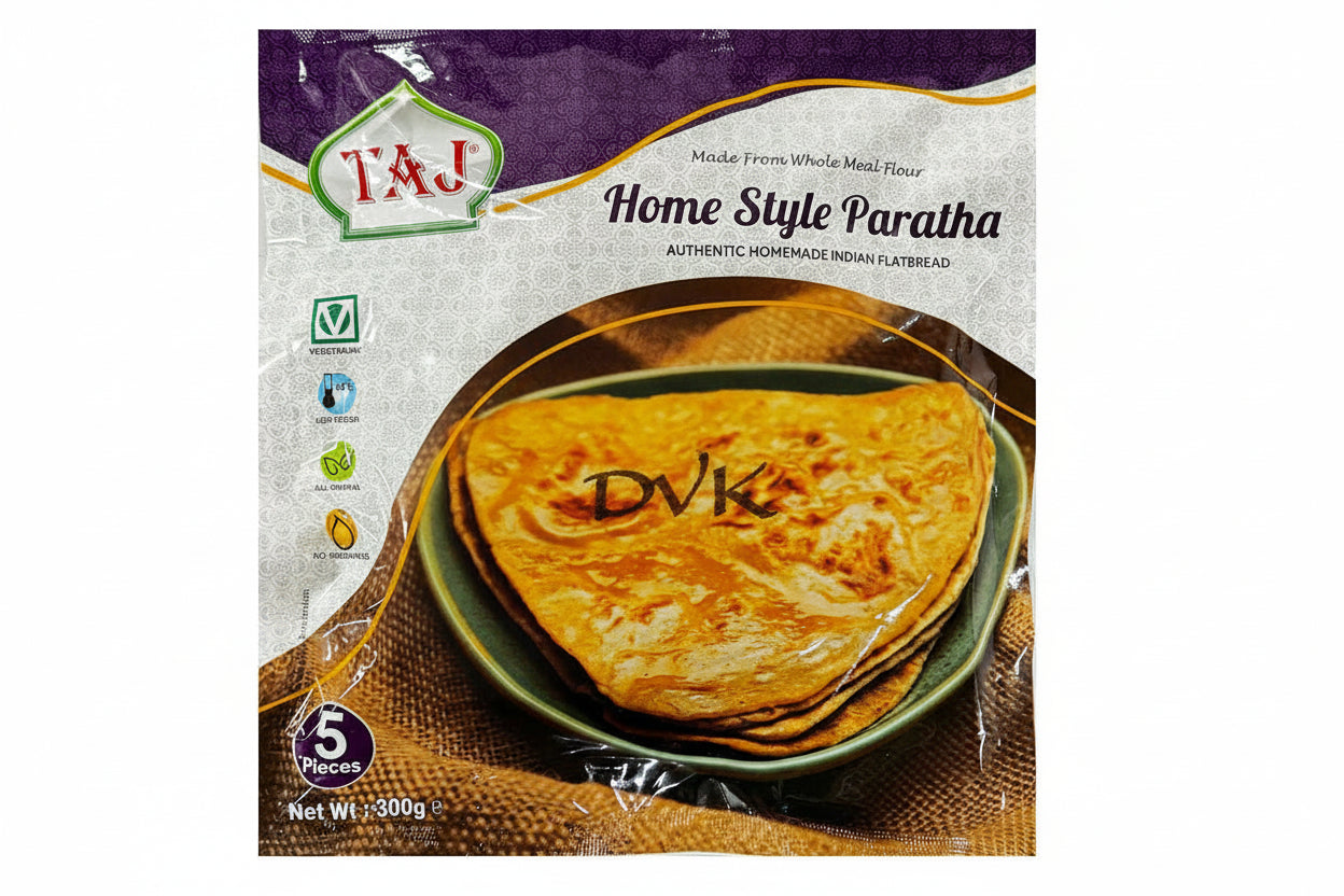 Packaged home-style paratha with TAJ branding on a white background