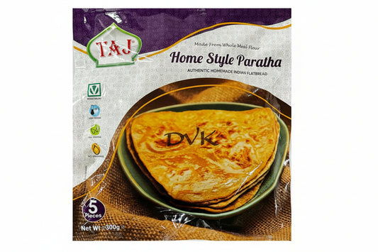 Packaged home-style paratha with TAJ branding on a white background