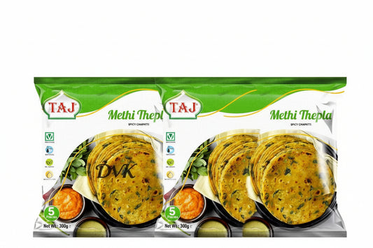 Two packages of Taj Methi Thepla on a white background