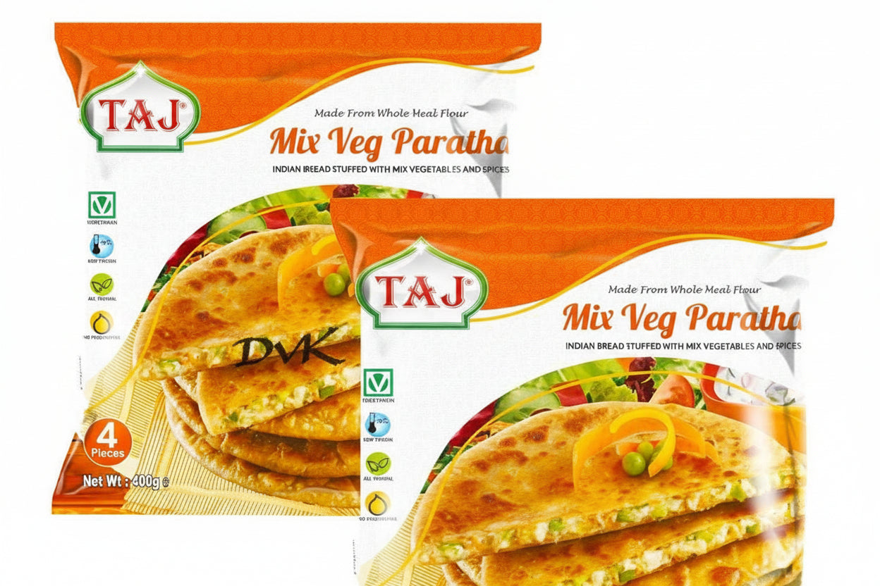 Two packages of Taj Mix Veg Paratha on a white background
