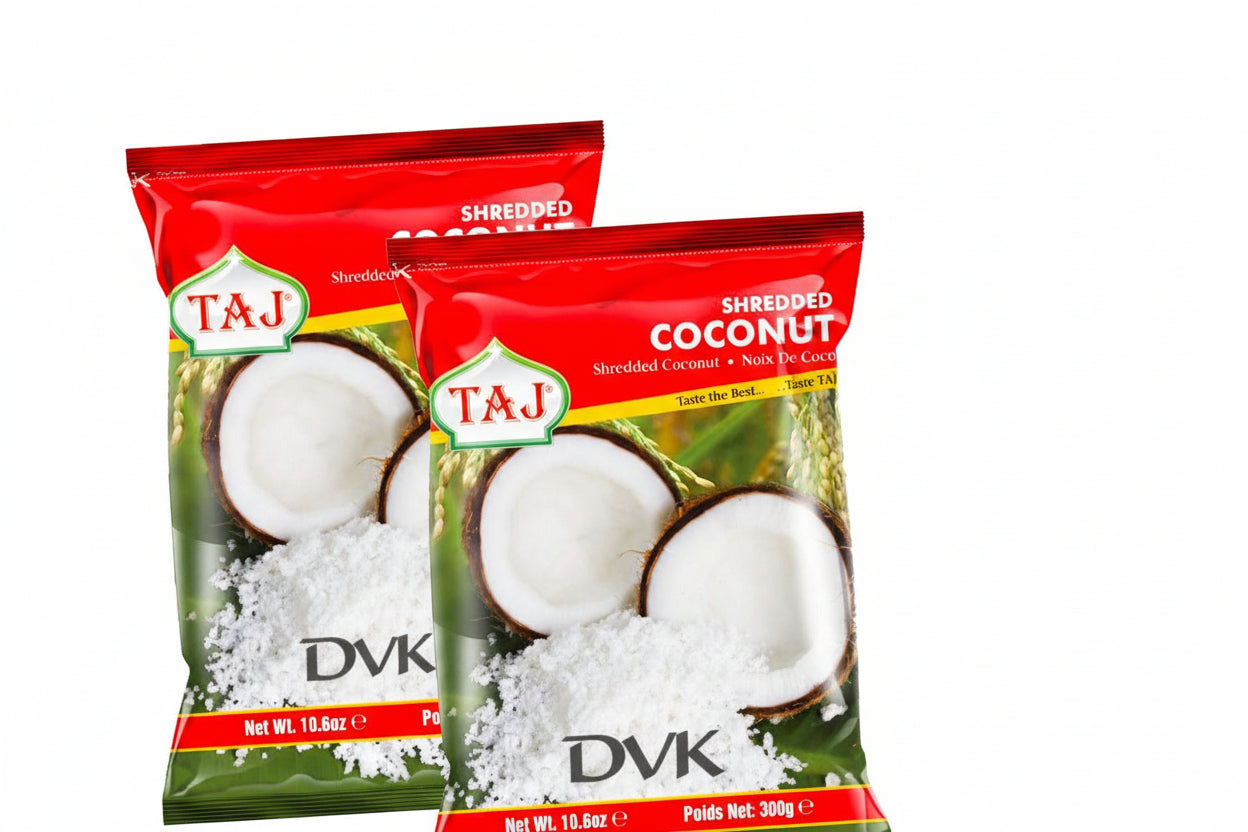 Two packages of Taj Shredded Coconut on a white background