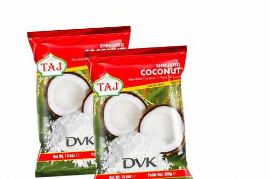 Two packages of Taj Shredded Coconut on a white background
