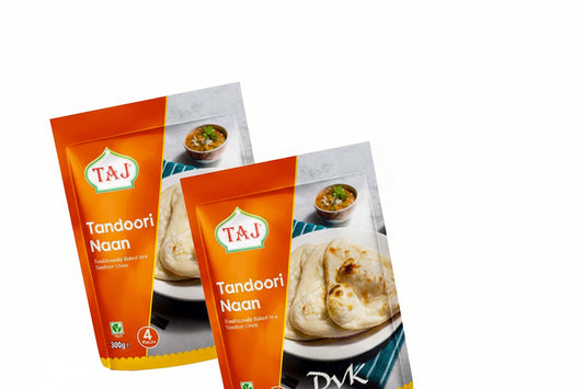 Two packages of Taj Tandoori Naan on a white background