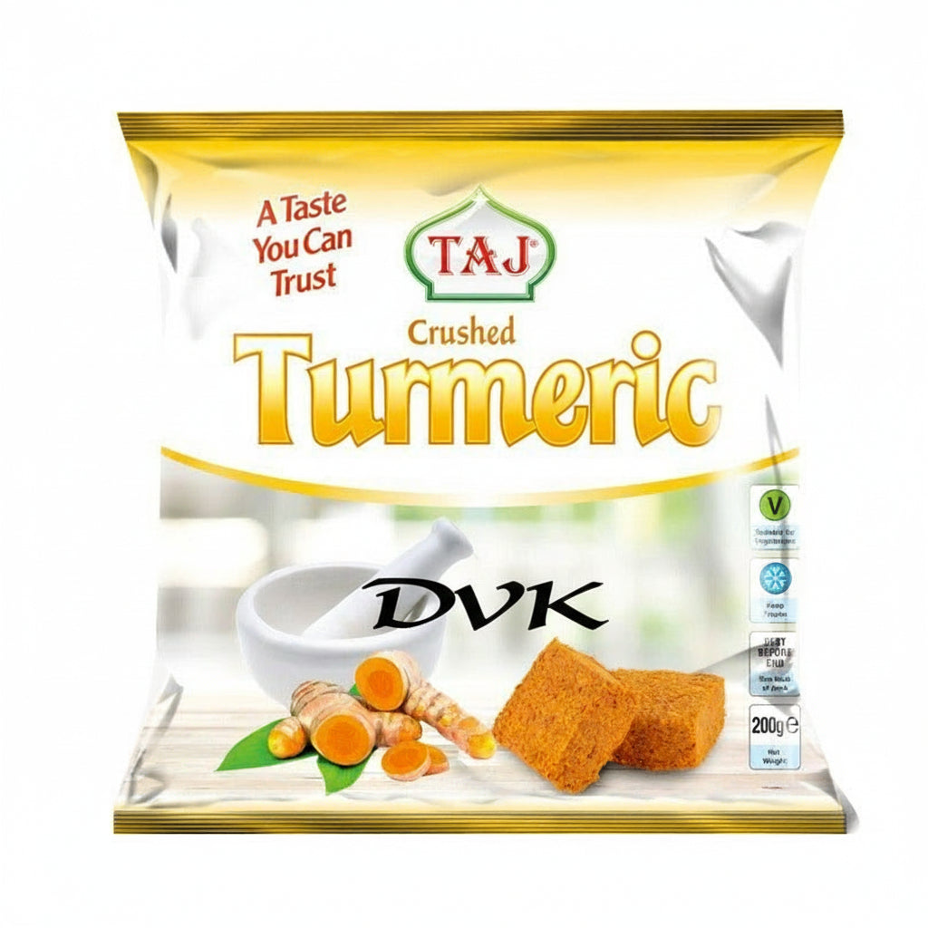 Packaging of Taj Crushed Turmeric with branding and product imagery on a white background