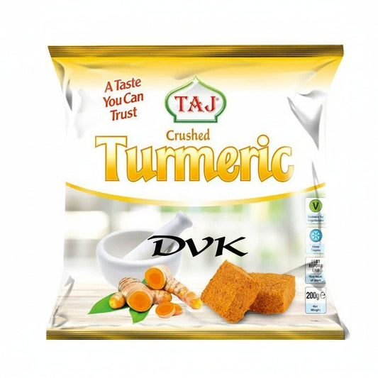 Packaging of Taj Crushed Turmeric with branding and product imagery on a white background