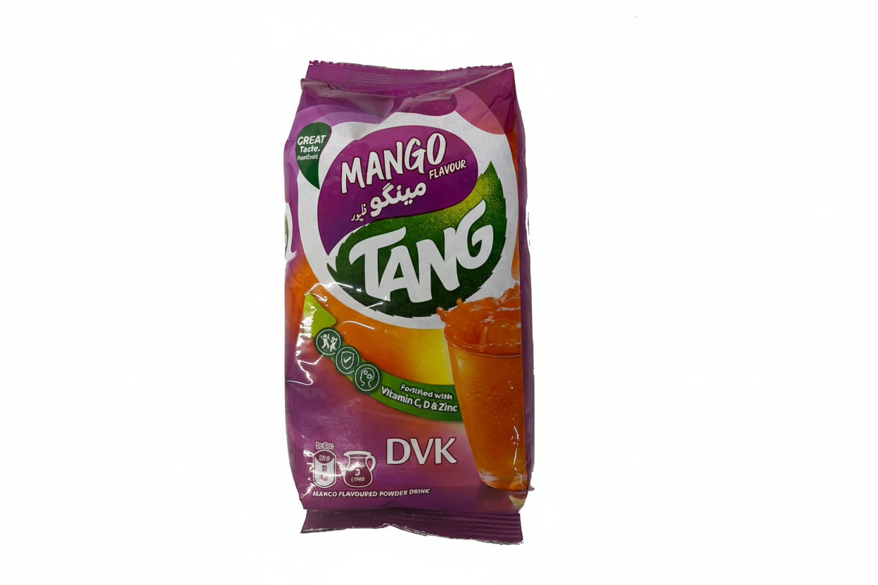 Mango-flavored Tang powder pack on a white background