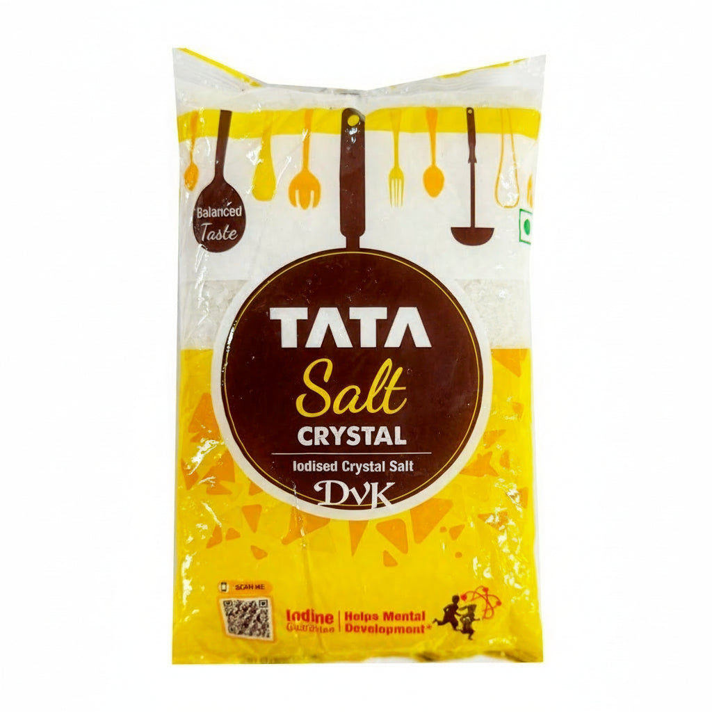 Tata Salt Crystal packaging with yellow and brown design on a white background