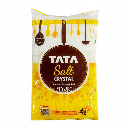 Tata Salt Crystal packaging with yellow and brown design on a white background