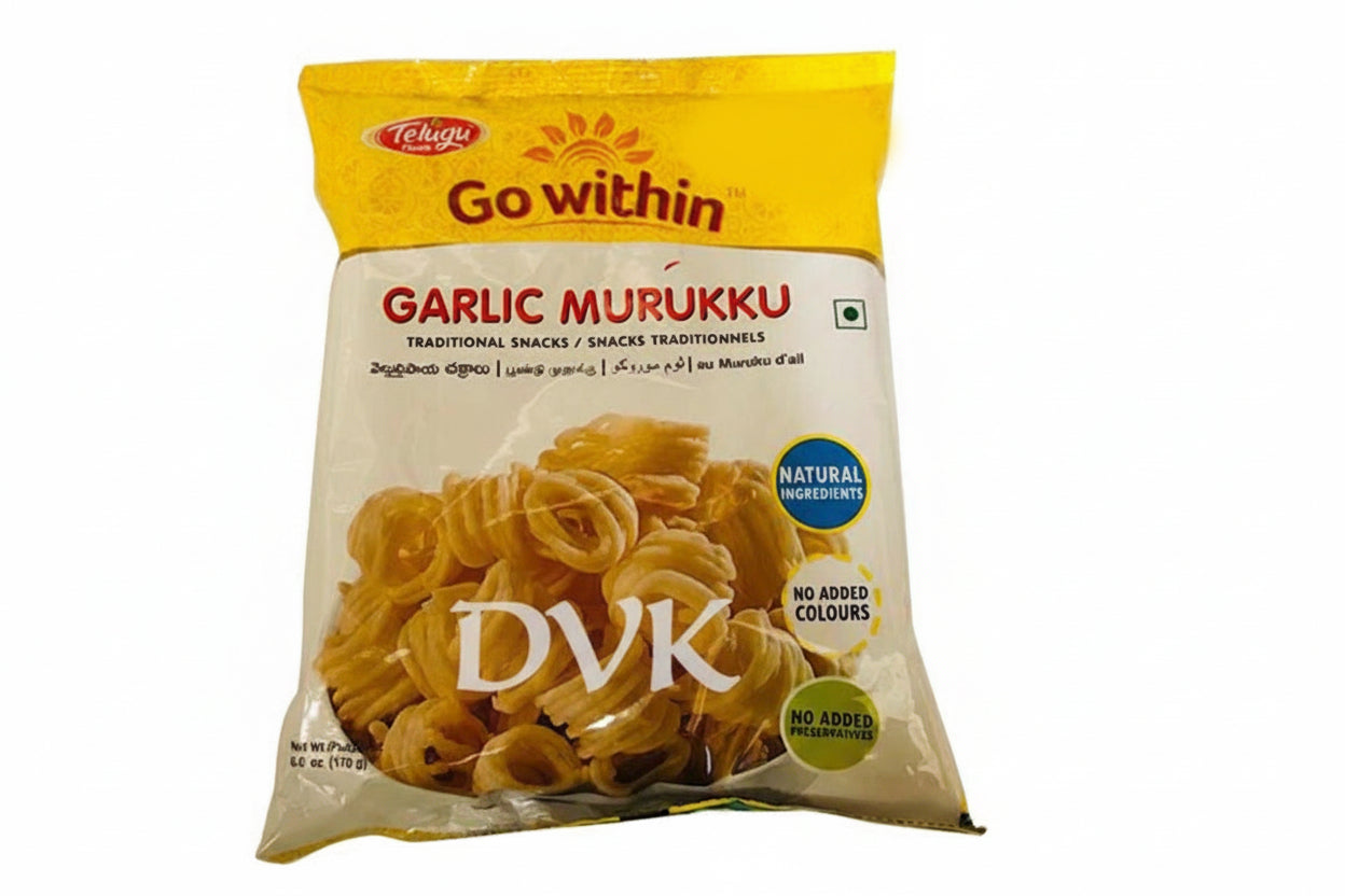 Packaged garlic murukku snacks with yellow and white packaging on a white background