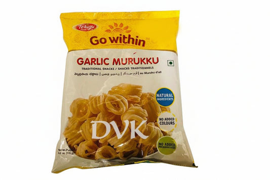 Packaged garlic murukku snacks with yellow and white packaging on a white background