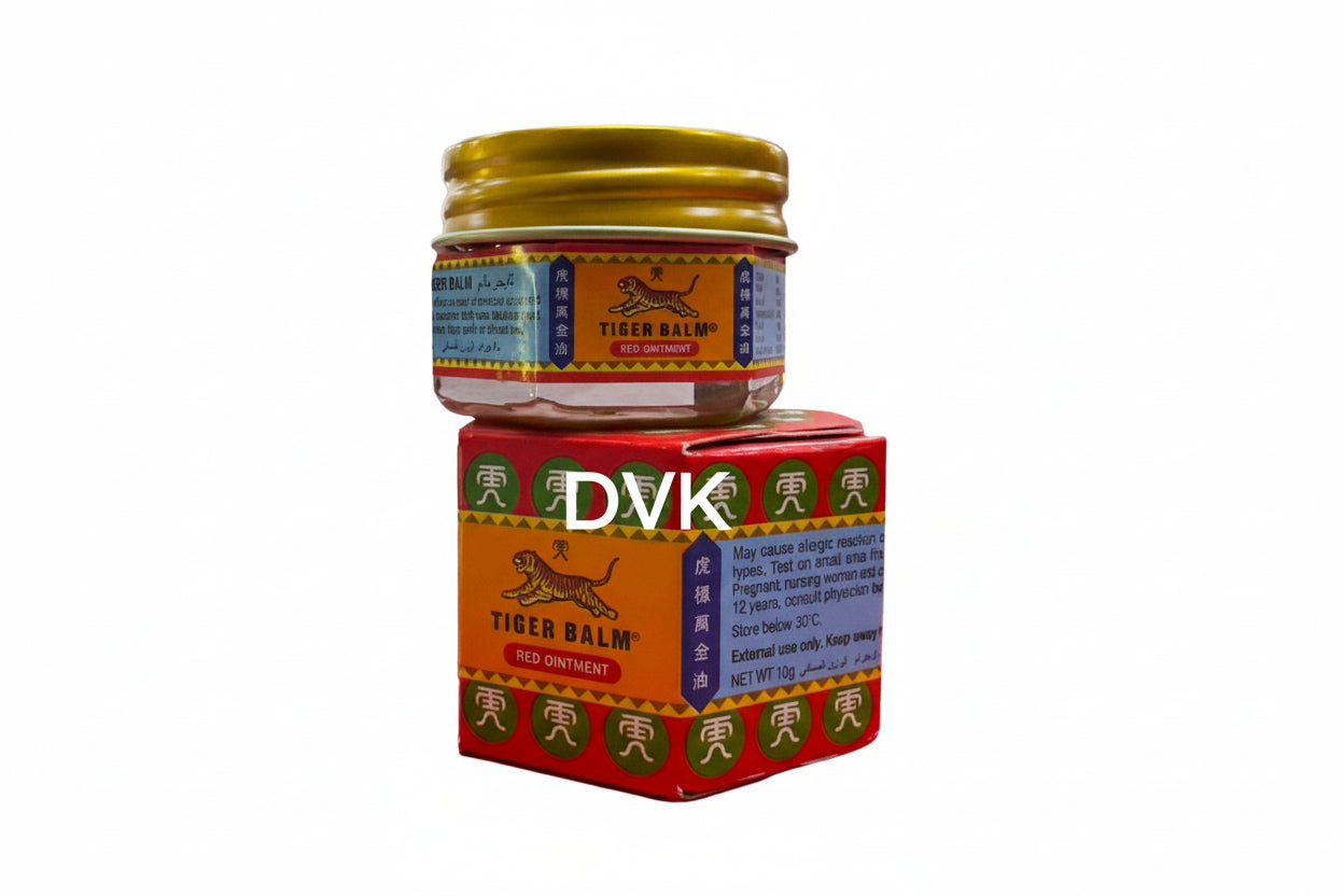 Tiger Balm red ointment jar and packaging on a white background