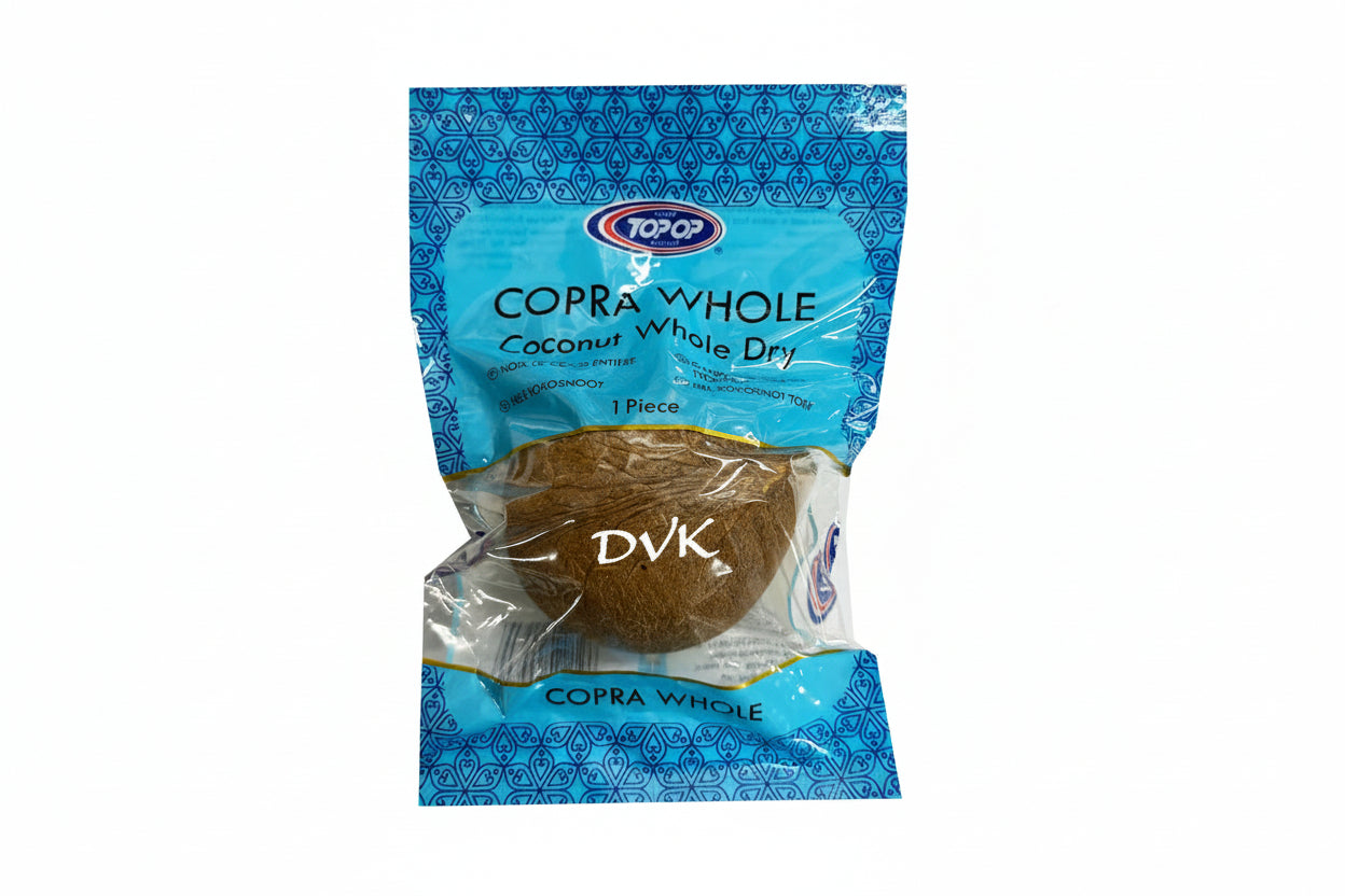 Packaged copra whole coconut in blue Topop packaging on a white background