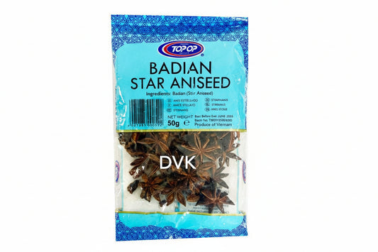 Packaged star anise with blue and white label on a white background