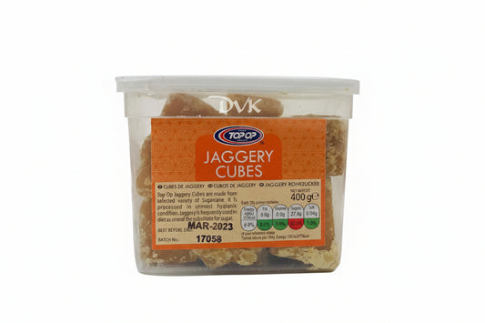 Container of Top-Op Jaggery Cubes with label on a white background