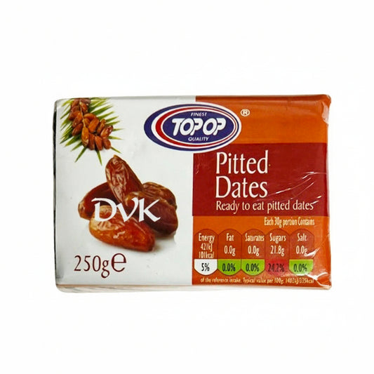 Packaged dates with Topop branding on a white background