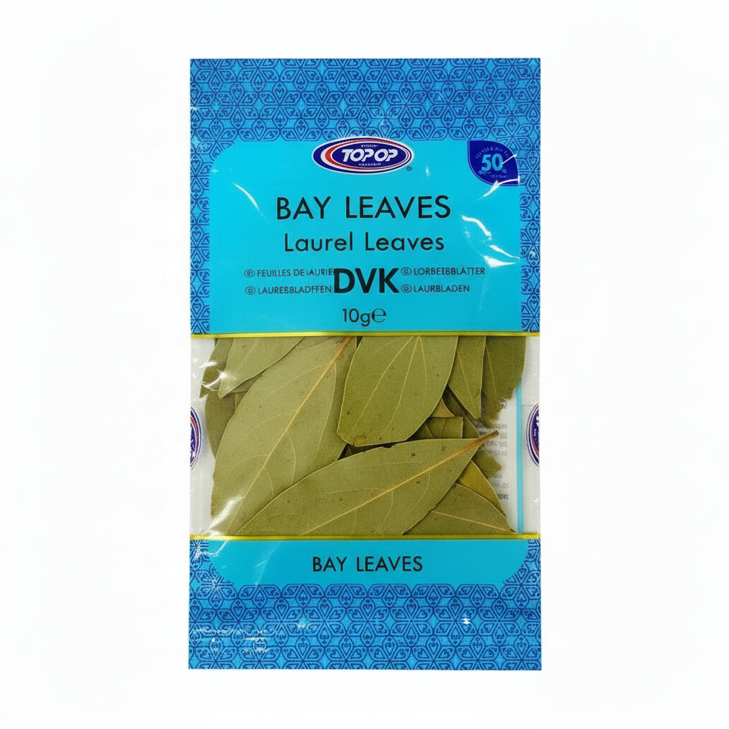 Pack of bay leaves with blue packaging on a white background