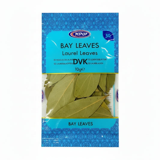 Pack of bay leaves with blue packaging on a white background