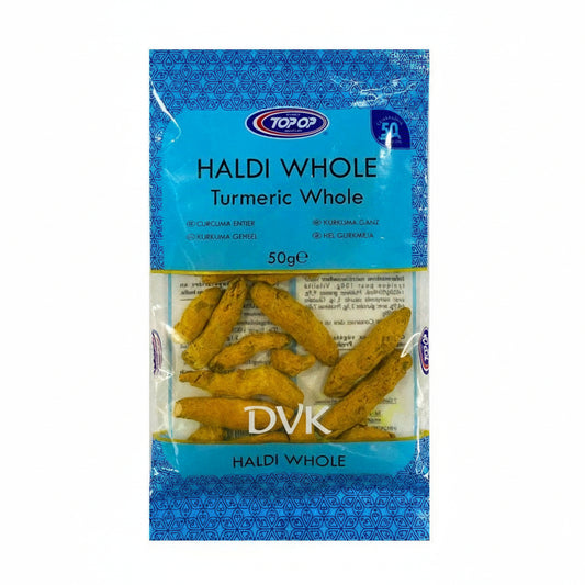 Packaged turmeric sticks with blue Topop branding on a white background