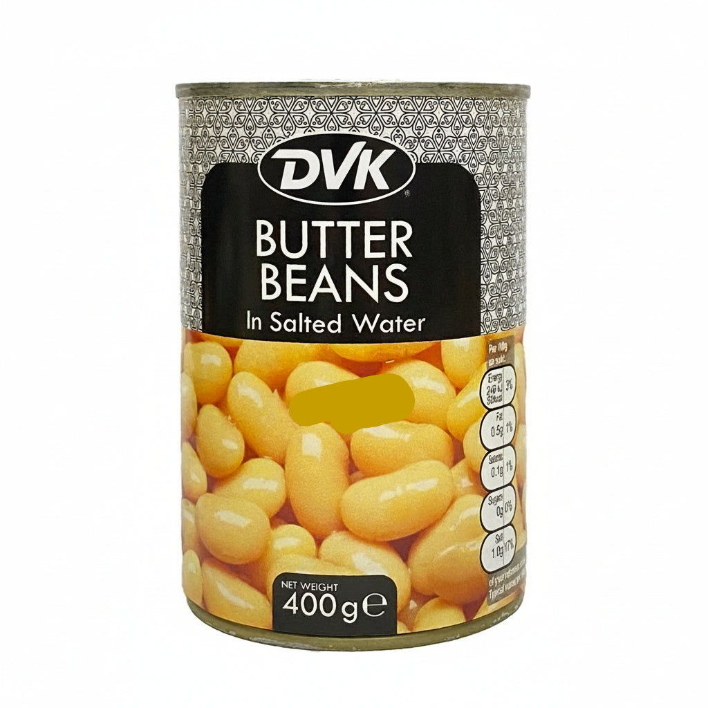 Can of Topop butter beans in salted water on a white background