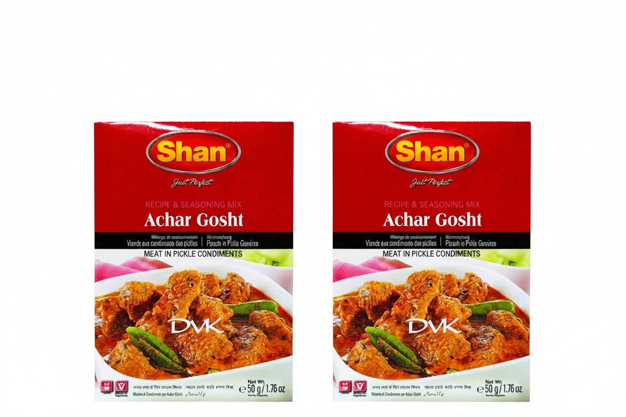 Two boxes of Shan Achar Gosht seasoning mix on a white background