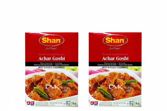 Two boxes of Shan Achar Gosht seasoning mix on a white background