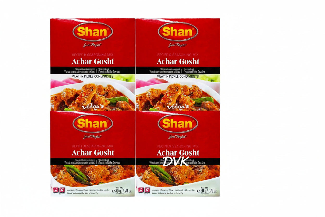 Four boxes of Shan Achar Gosht seasoning mix on a white background