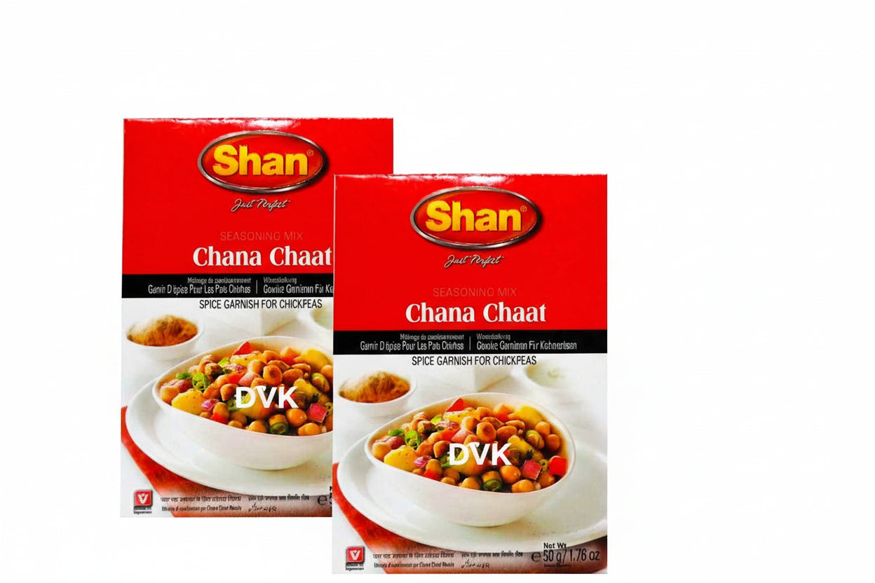 Two boxes of Shan Chana Chaat spice mix on a white background