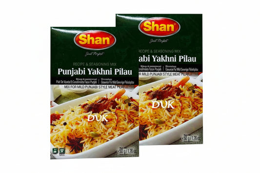 Two Shan brand spice mix boxes for Punjabi Yakhni Pilau and Abi Yakhni Pilau on a white background.