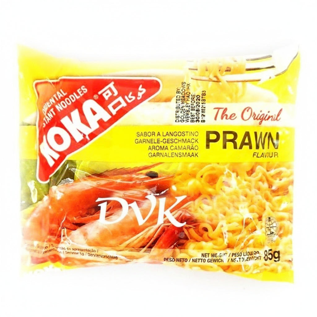 Packaged noodles with Noka branding and prawn flavor on a yellow background