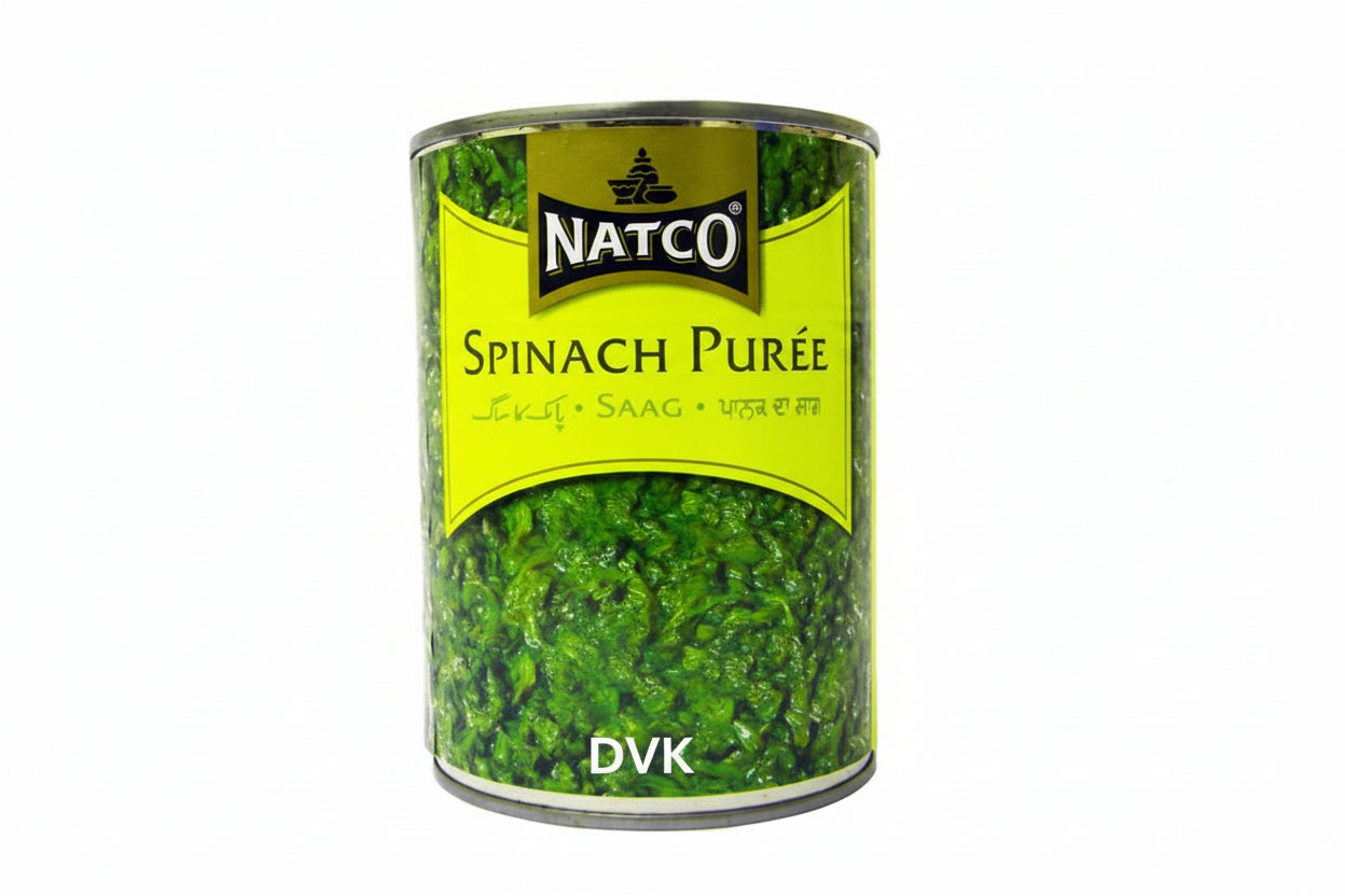 Can of Natco Spinach Pureé on a white background