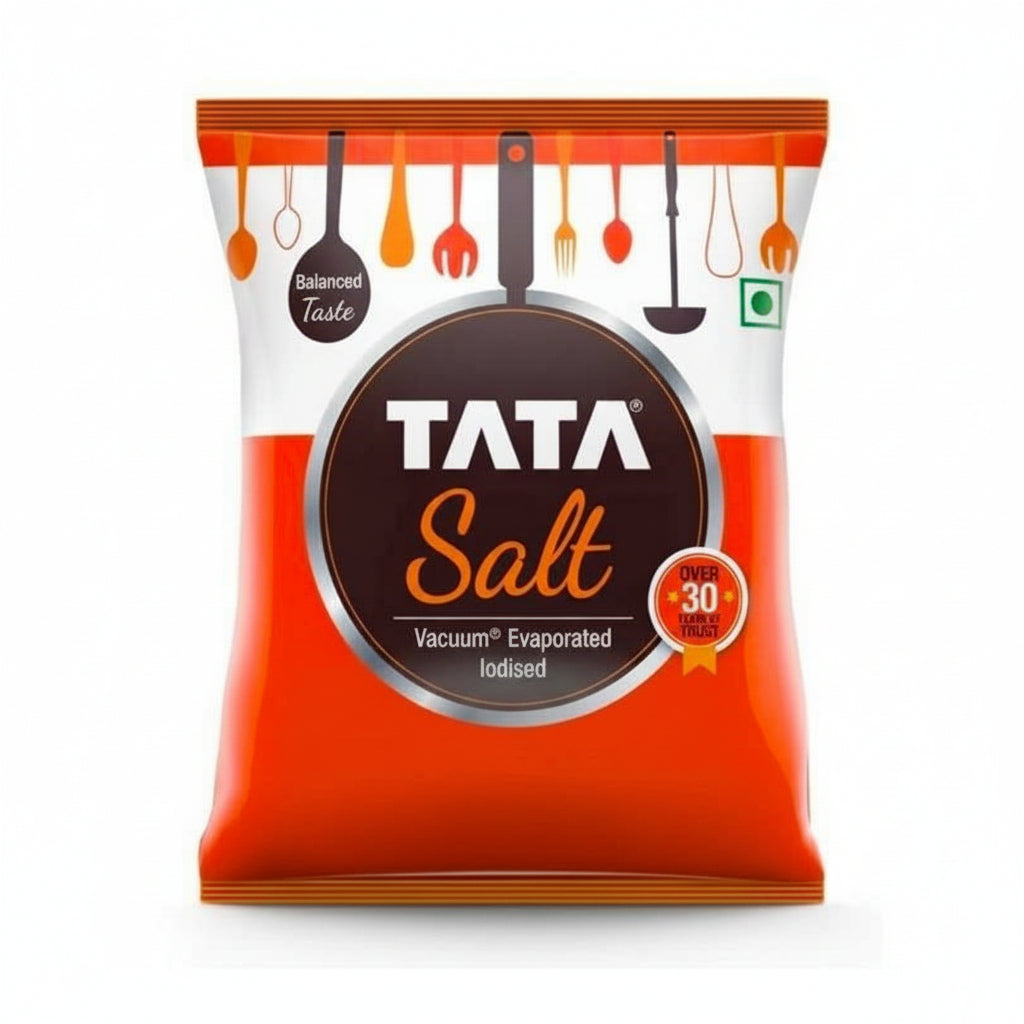 Tata Salt packaging with branding and product details on a white background