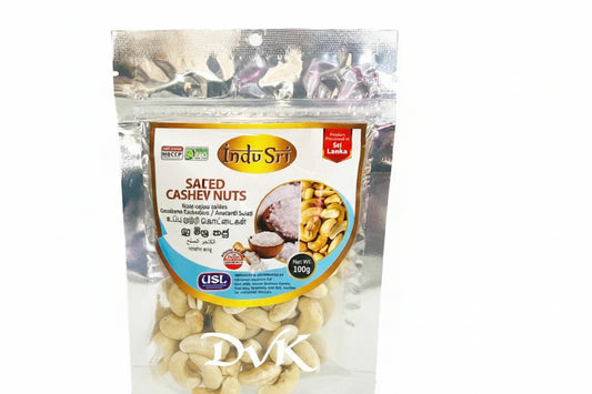 Packaged salted cashew nuts with a visible brand label on a white background