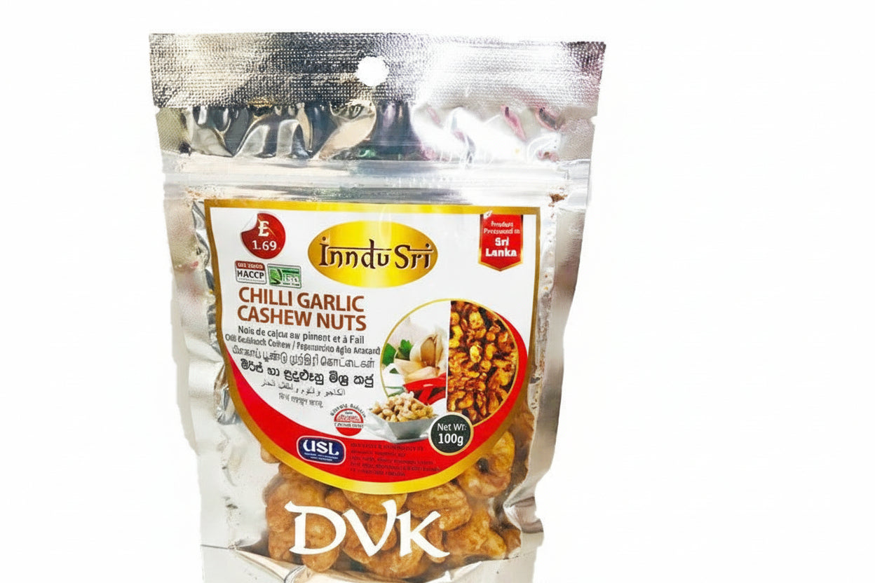 Packaged Chilli Garlic Cashew Nuts with USL branding on a white background