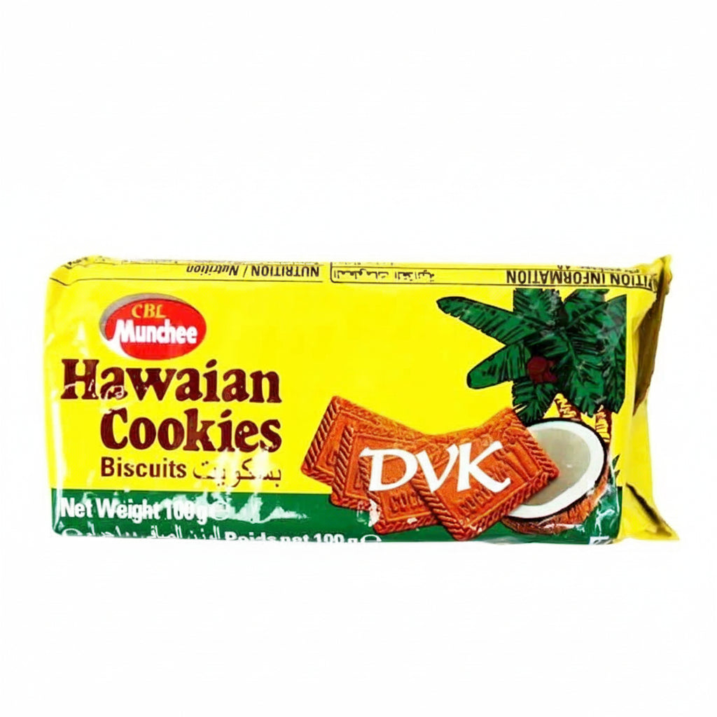 Pack of Hawaiian Cookies biscuits with yellow packaging featuring Munchee branding.