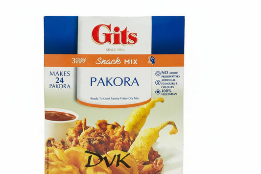 Gits Pakora snack mix packaging with fried food and dipping sauce