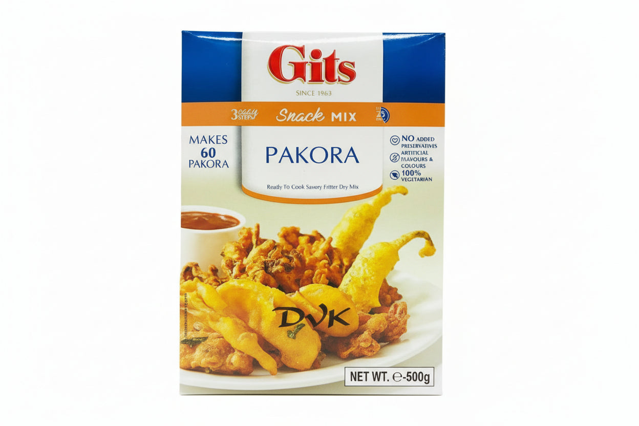 Gits Snack Mix Pakora mix packaging with images of pakoras and a bowl of dipping sauce.
