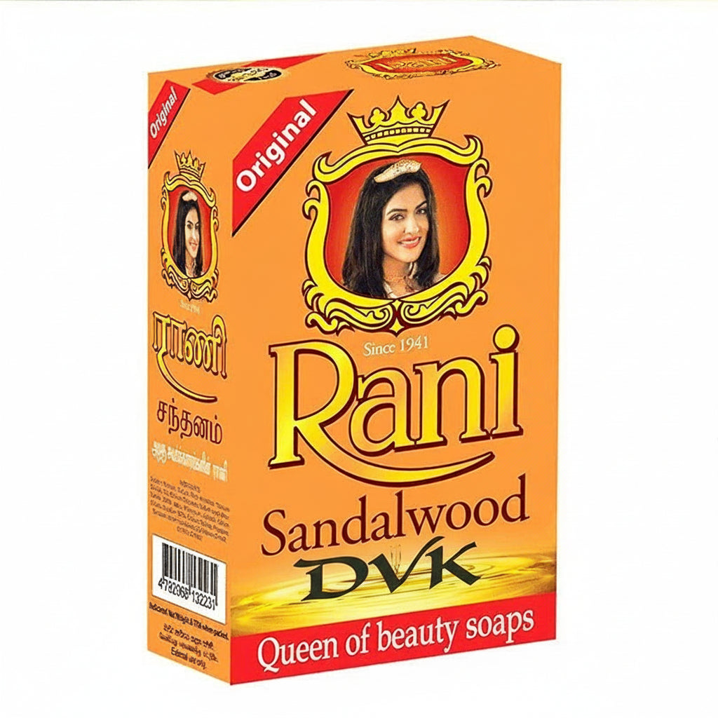 Box of Rani Sandalwood DVK's soap with branding and product name on an orange background