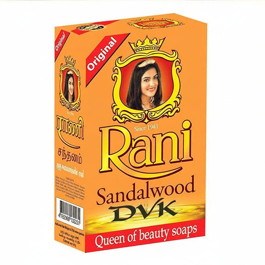 Box of Rani Sandalwood DVK's soap with branding and product name on an orange background