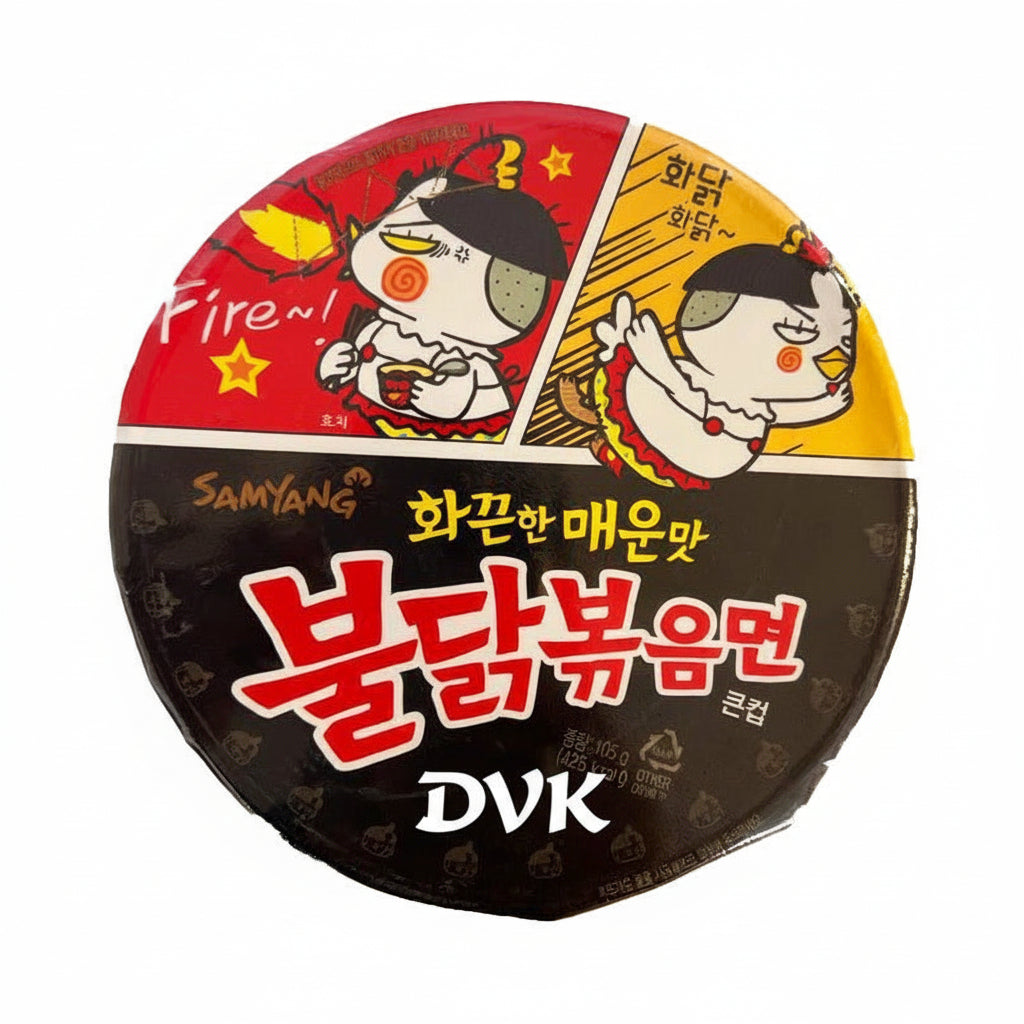 Samyang spicy noodles packaging with cartoon characters on a white background