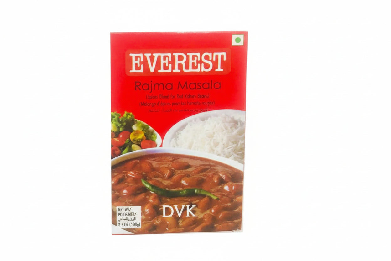 Everest Rajma Masala packaging with a bowl of curry and rice on a white background
