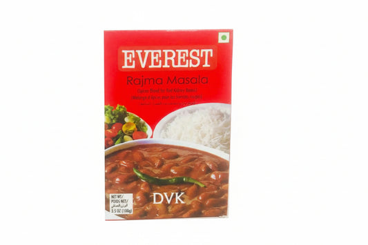 Everest Rajma Masala packaging with a bowl of curry and rice on a white background