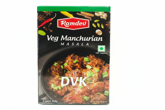 Box of Ramdev Veg Manchurian Masala with a dish of Veg Manchurian on the packaging.