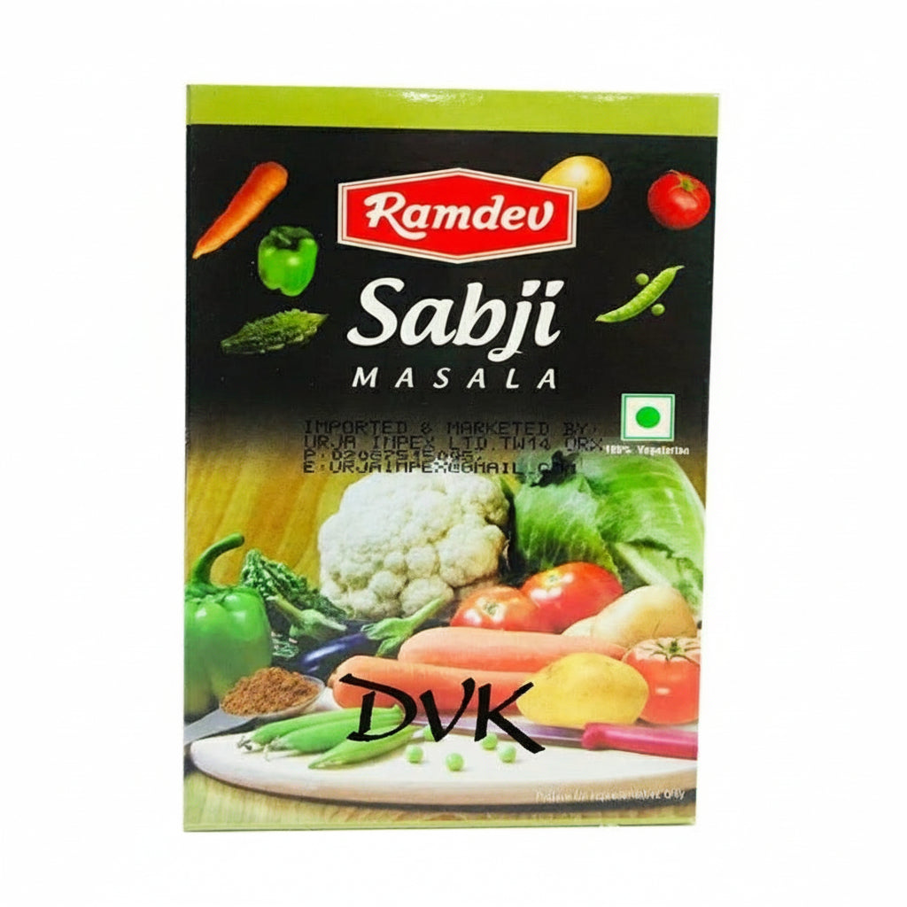 Box of Ramdev Sabji Masala with images of vegetables on a white background