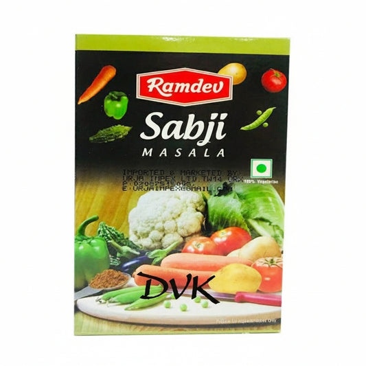Box of Ramdev Sabji Masala with images of vegetables on a white background