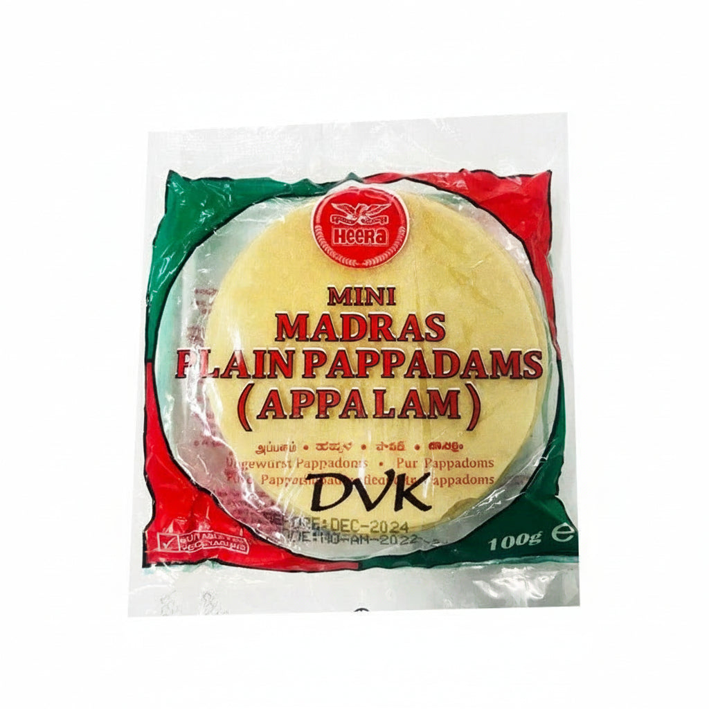 Packaged mini Madras plain pappadams with visible branding on a white background