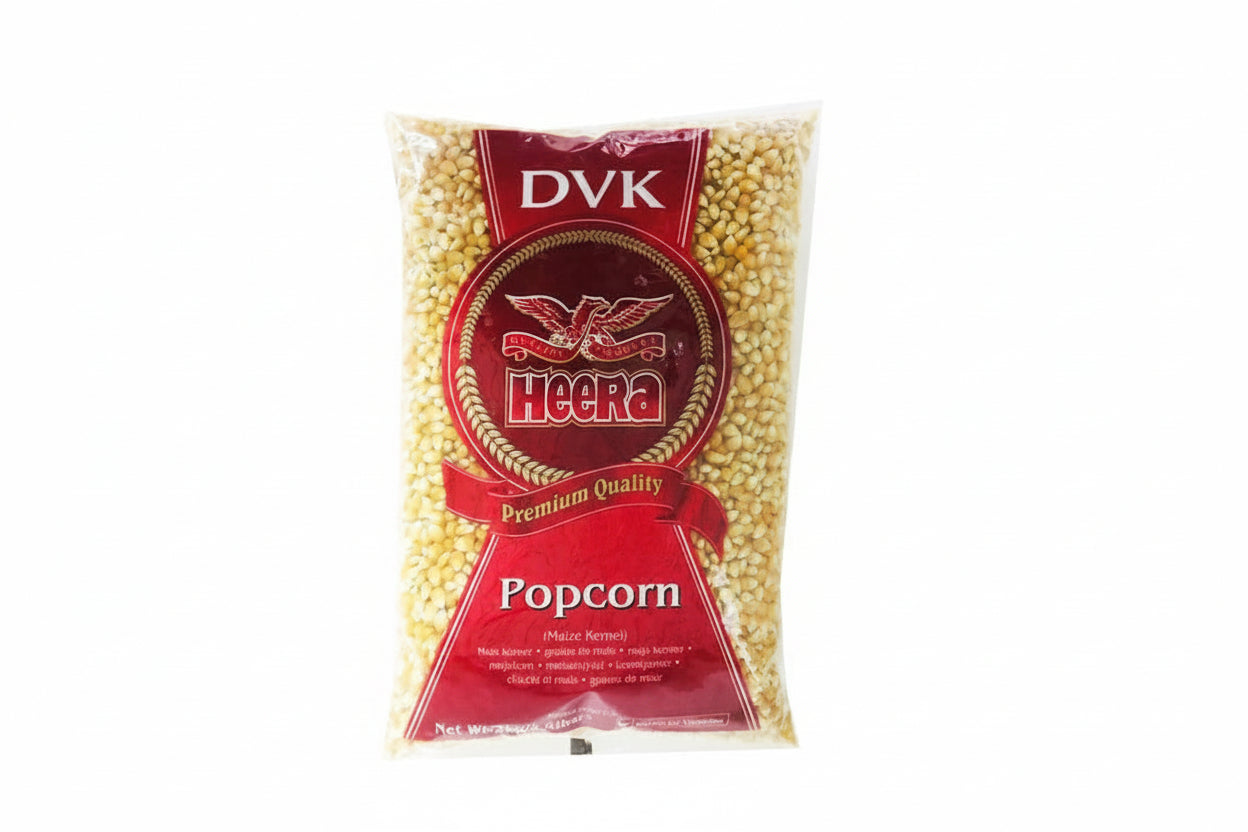 Bag of Heera popcorn kernels with red label on a white background