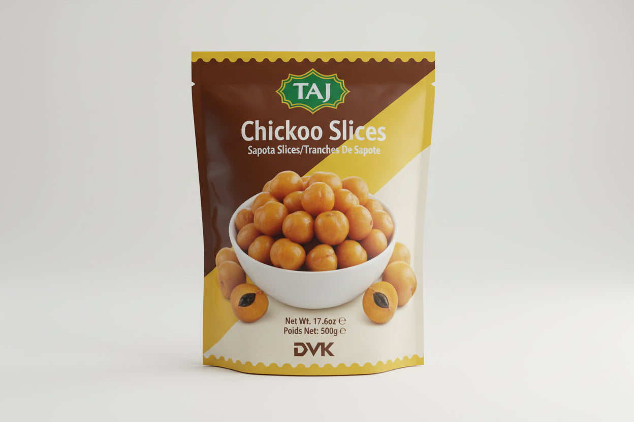 Packaging of TAJ Chickoo Slices with images of chickoo slices and a bowl on a white background.