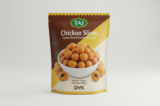 Packaging of TAJ Chickoo Slices with images of chickoo slices and a bowl on a white background.